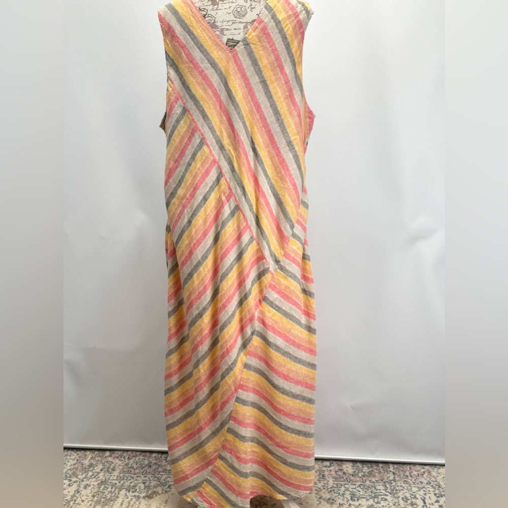 PURE JILL Pink, gray & yellow Linen sleeveless V neck maxi sundress size 3X - Picture 11 of 16